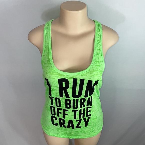 “ I Run To Burn Off The Crazy” Racerback Heathered Lime Green Workout Tank Top - Picture 3 of 8